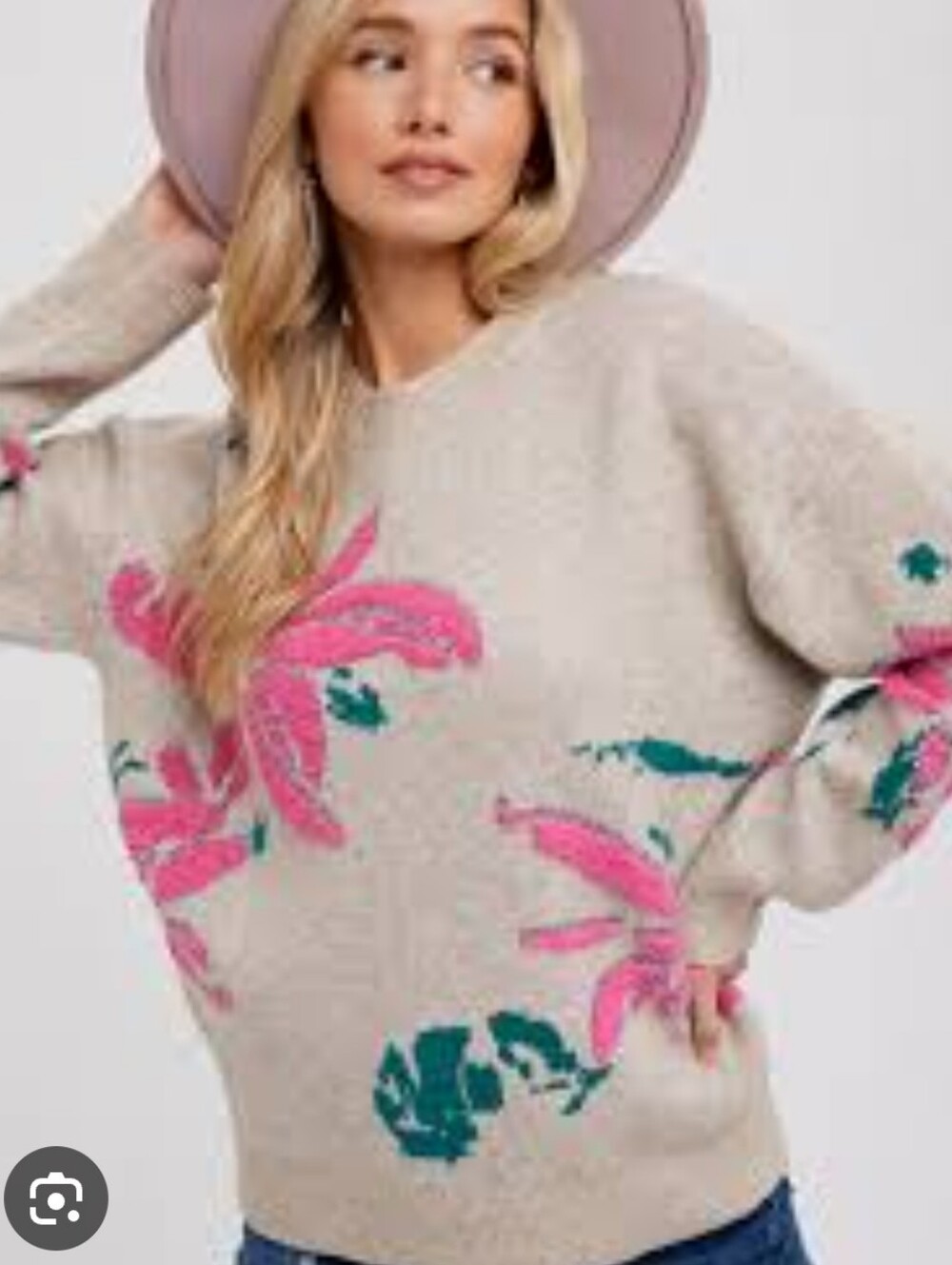 Bluivy Beige Sweater with Pink Floral & Teal Leaf Accents